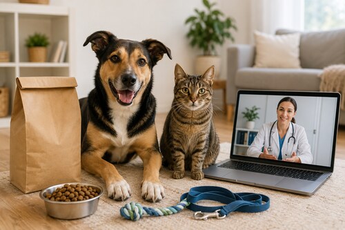 televet and pet needs: image of a dog and a cat with food and supplies.